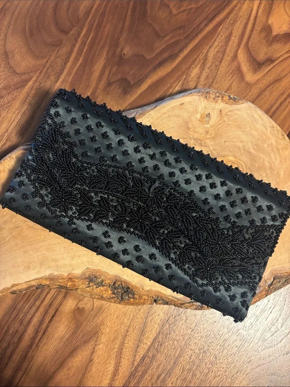 Vintage Handmade in Hong Kong Black Beaded Satiin Evening Clutch
